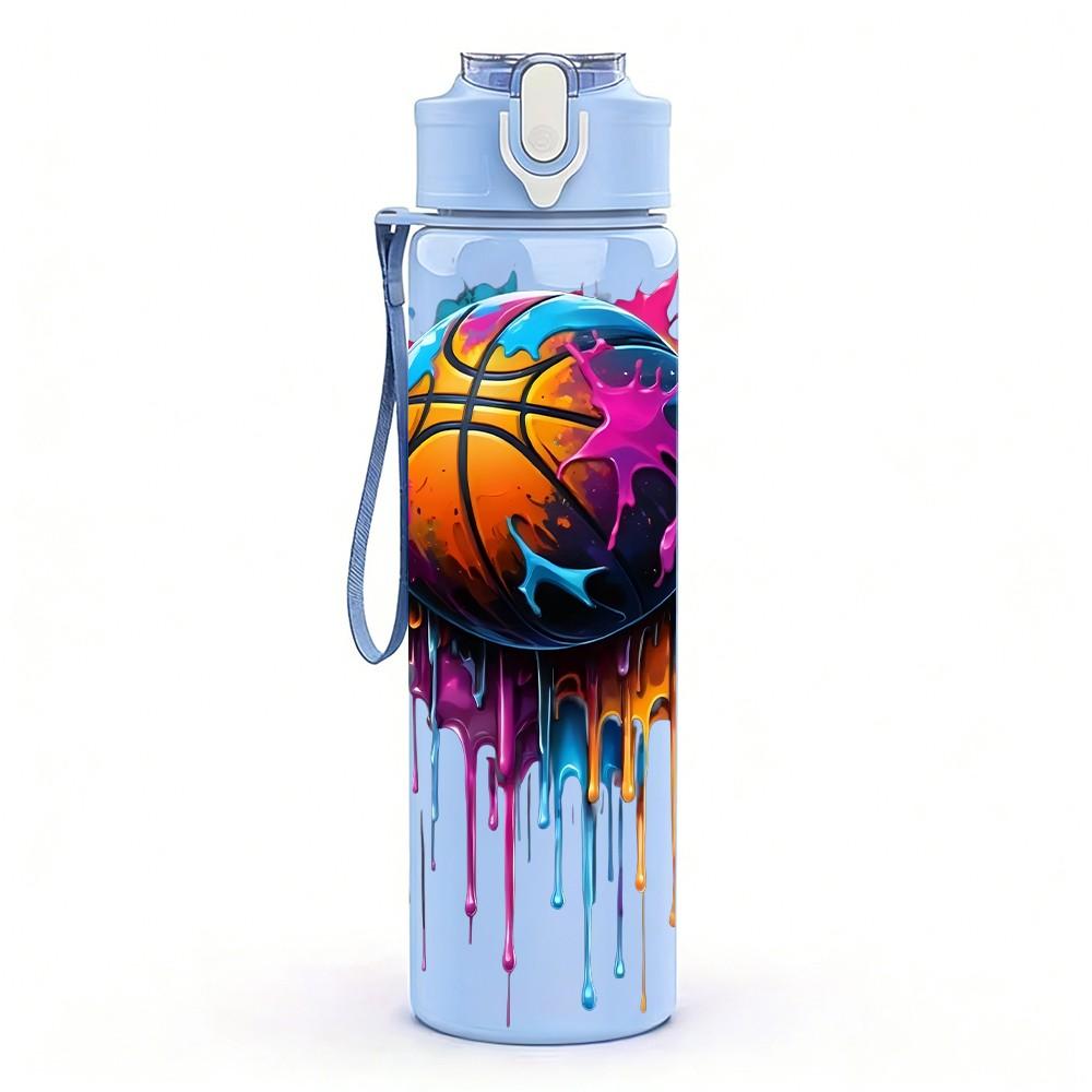 1PC Splash Basketball Color Sports Print 750ml Color Plastic Sports Water Bottle Leakproof Flip Straw Lid Suitable for Sports Office Home Use