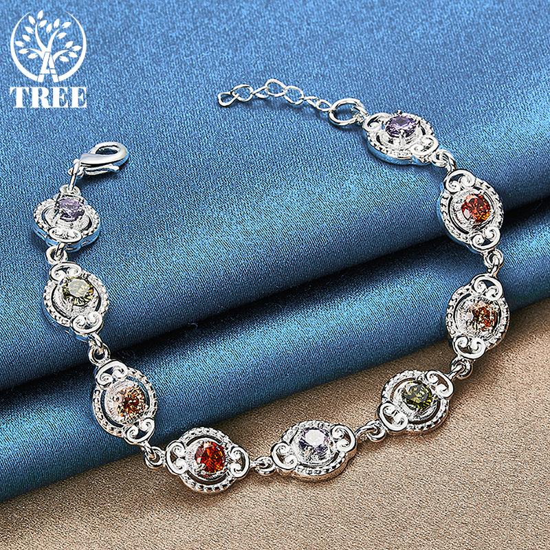 925 Sterling Silver Charm Purple Orange Red Green AAA Zircon Bracelet Jewelry