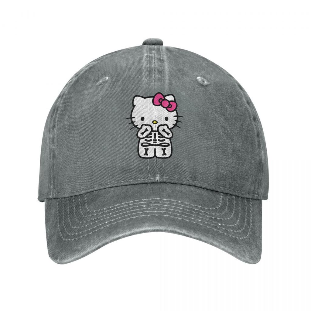 Skeleton Kitty Hellokitty Kawaii Cat Japanese Cartoon Baseball Caps Denim Washed Caps Hat Retro Outdoor Travel Gift Cap