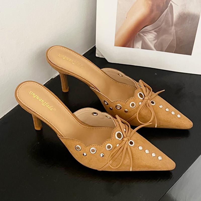 

Модные шлепанцы на тонком каблуке, женская обувь, модные шлепанцы с заклепками и бантом-бабочкой, женские шлепанцы на каблуке, женская обувь, мюли, туфли-лодочки 35 хаки