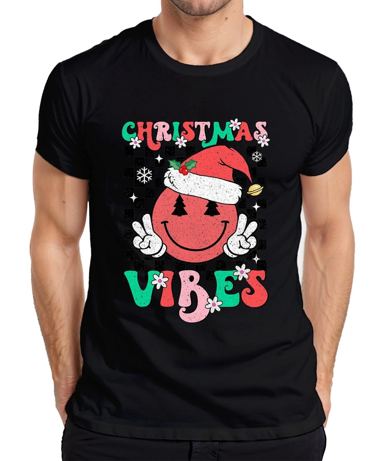 Christmas Vibes Santa Hat Smiley Peace Zeichen Tannenbaum Retro Herren T-Shirt XXL