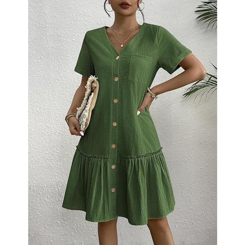 Women's Summer Cotton Linen Dress, Loose Button Down V Neck Short Sleeve Ruffle Hem Casual Dress with Pockets