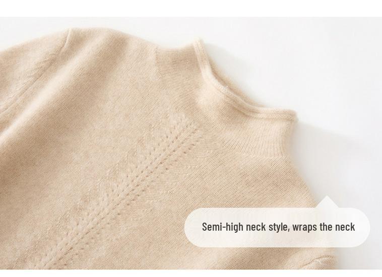 Women's Cashmere Rolled Hem High-Collar Hollow Sweater - Loose Knit Base Layer for Autumn/Winter