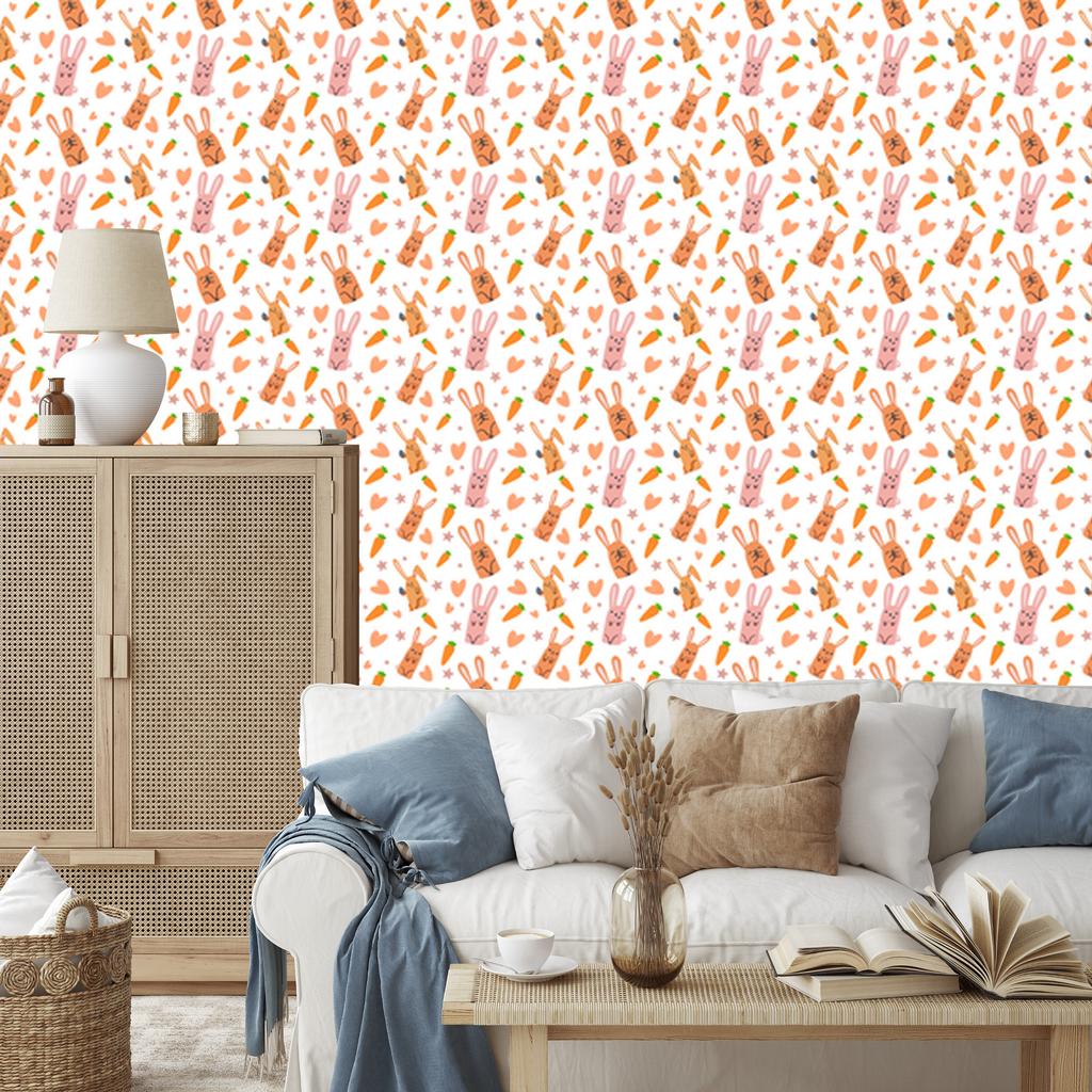 Rabbits Wallpaper White, Cream and Peach for Living Room and Bedroom 50x1000