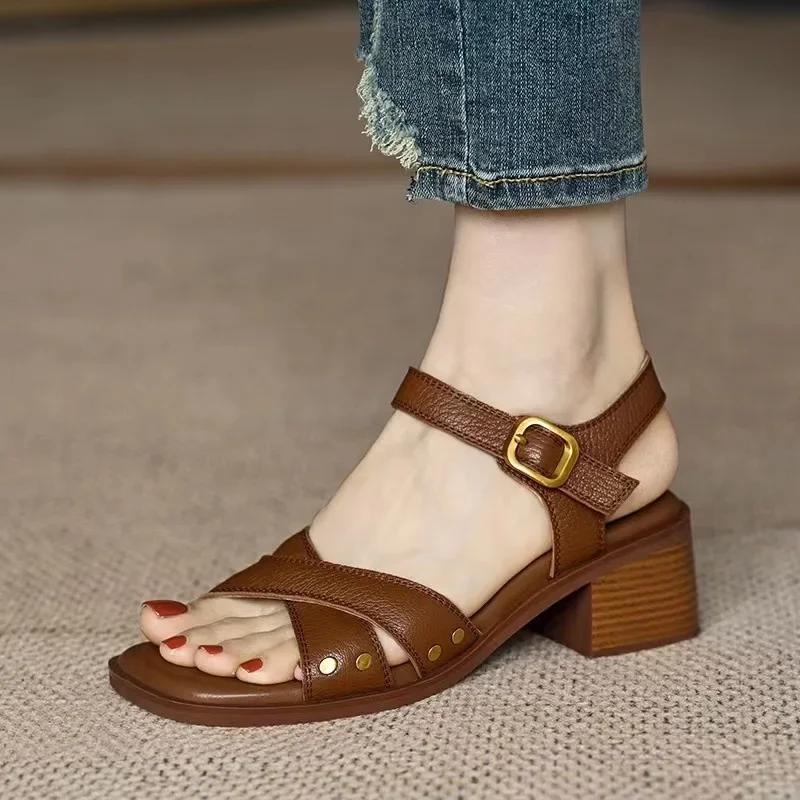Fashion Cross-strap Mid-heeled Sandals Women's Summer 2025 Fashion Buckle-strap Open-toed High-heeled Women's Thick-heeled Sandals
