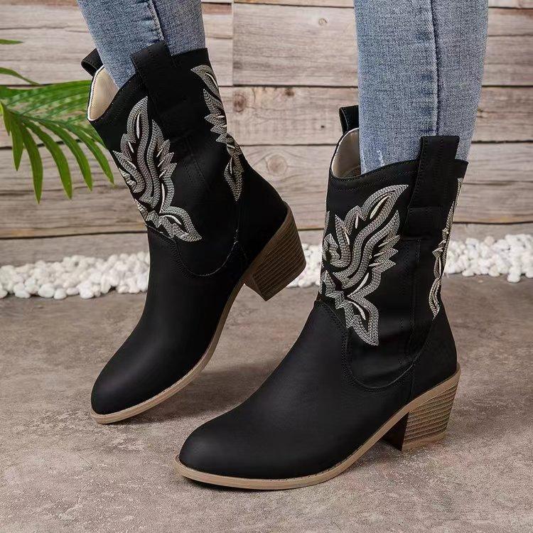 

Foreign trade 2025 autumn and winter new women s embroidery sleeve thick heel knight boots retro medium tube pointed western cowboy boots 43 чёрный