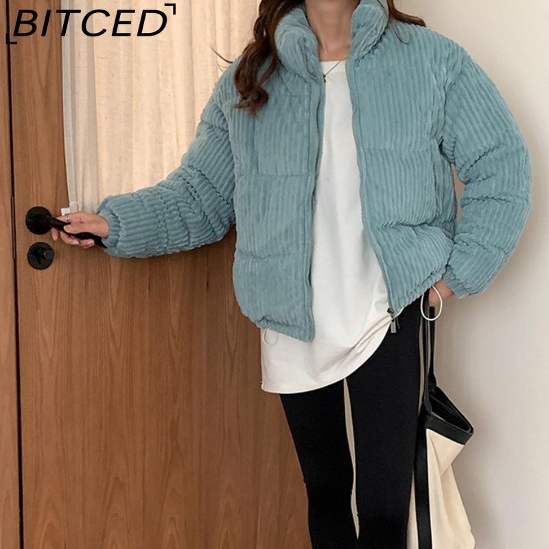 BITCED Winter Women's Stand Collar Short Corduroy Quilted Down Jacket Loose-Fit Lightweight Cotton-Padding Coat