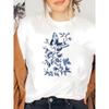 European Size  Plus Size Women'S Floral Print T-Shirt, Crew Neck, Short Sleeve, Elegant Applique Design with Blue Flowers and Butterflies,Everyday