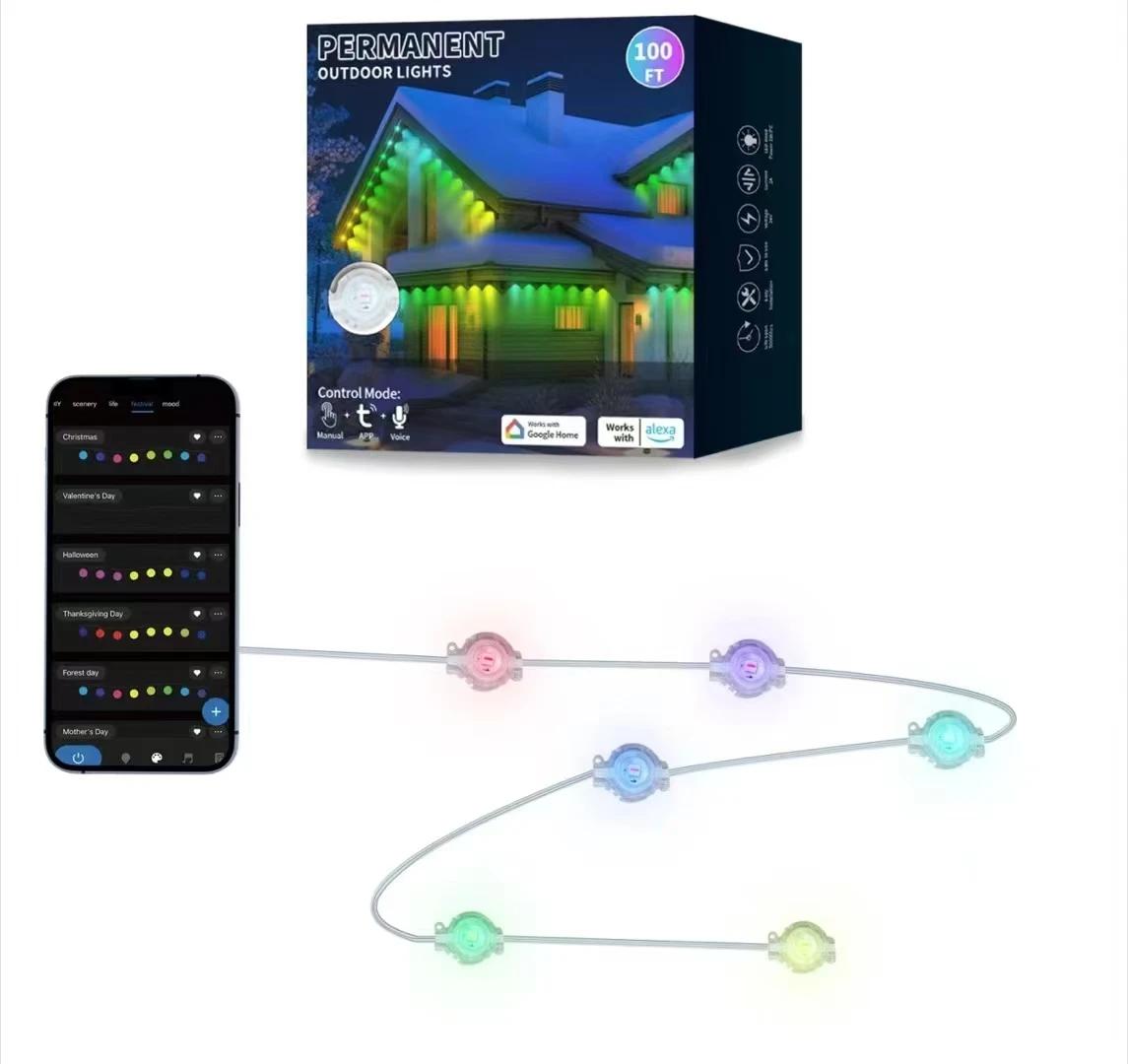 

100 футов Постоянный уличный карнизный светильник RGB 60 светодиодов Уличный гирляндный светильник с дистанционным управлением через приложение Tuya Водонепроницаемый светодиодный праздничный декоративный светильник UK Plug