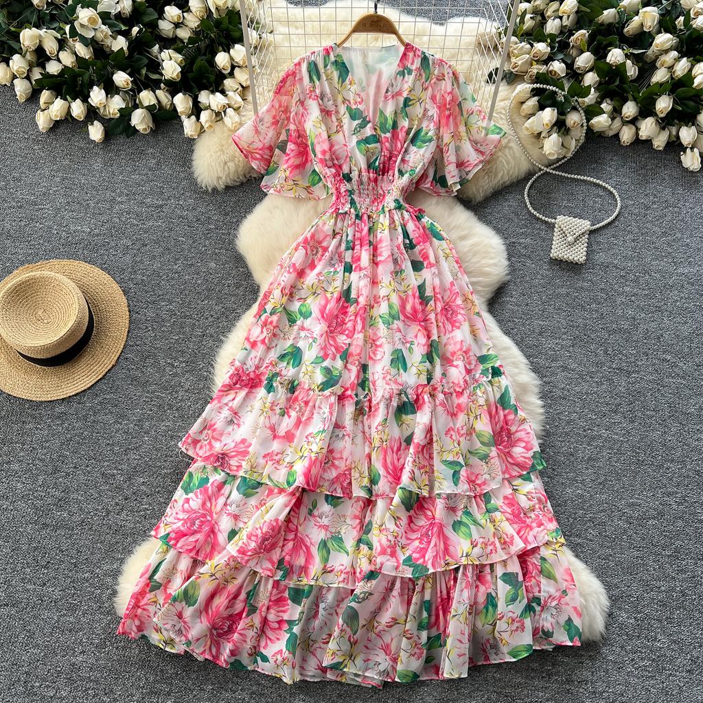 Retro V-Ausschnitt Schmetterlingsärmel Druck Chiffon Elegantes Sommerkleid A-Linie Schlagärmel Urlaubsdruck Damenkleider