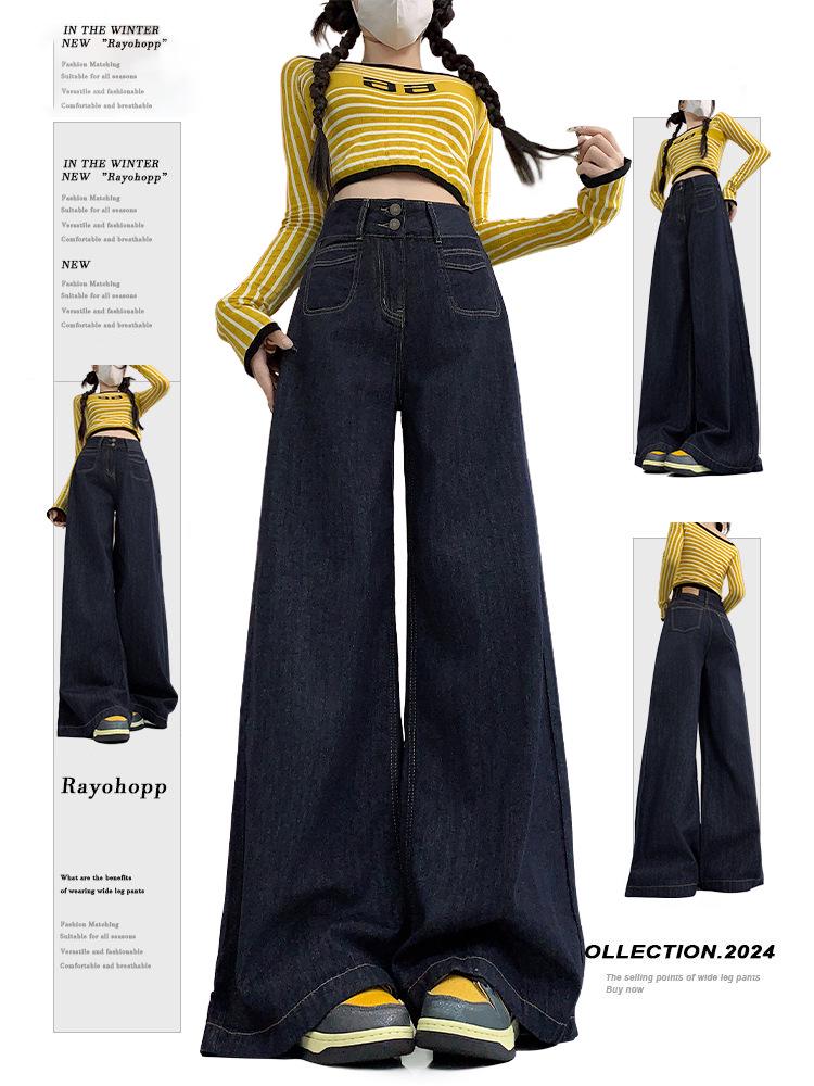 

Женские джинсы с высокой посадкой, темно-синие, широкие штанины - Большой размер, подходят для фигуры груша , летний прямой крой S