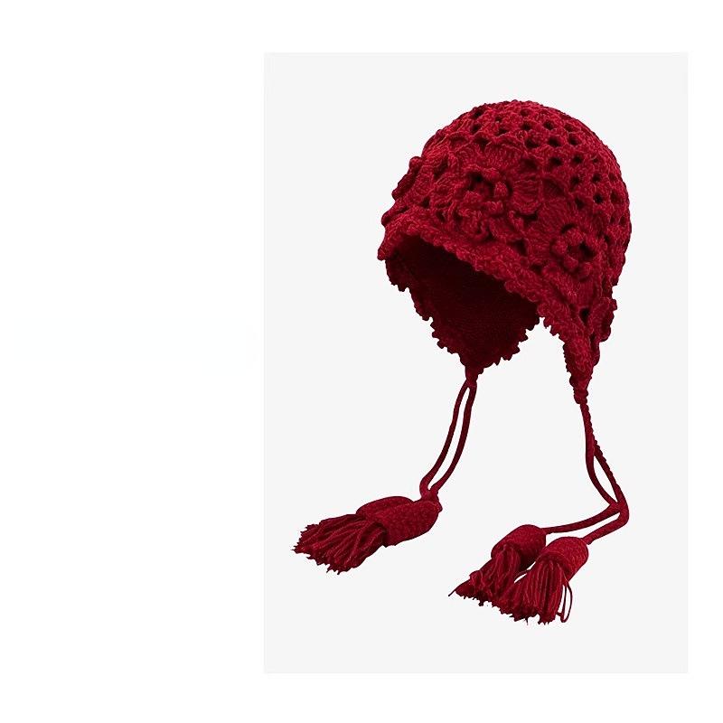 Hand-crocheted Flower Fringed Wool Hat Women's Autumn and Winter Western Sichuan Travel Versatile Fashion Show Face Small Knitted Headgear