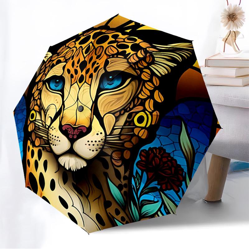 1PC Cheetah StainedGlass Automatic Folding Umbrella - Compact 8-Rib Design, Durable Plastic & Iron, Lightweight for Outdoor Daily Use, Festive Gift046