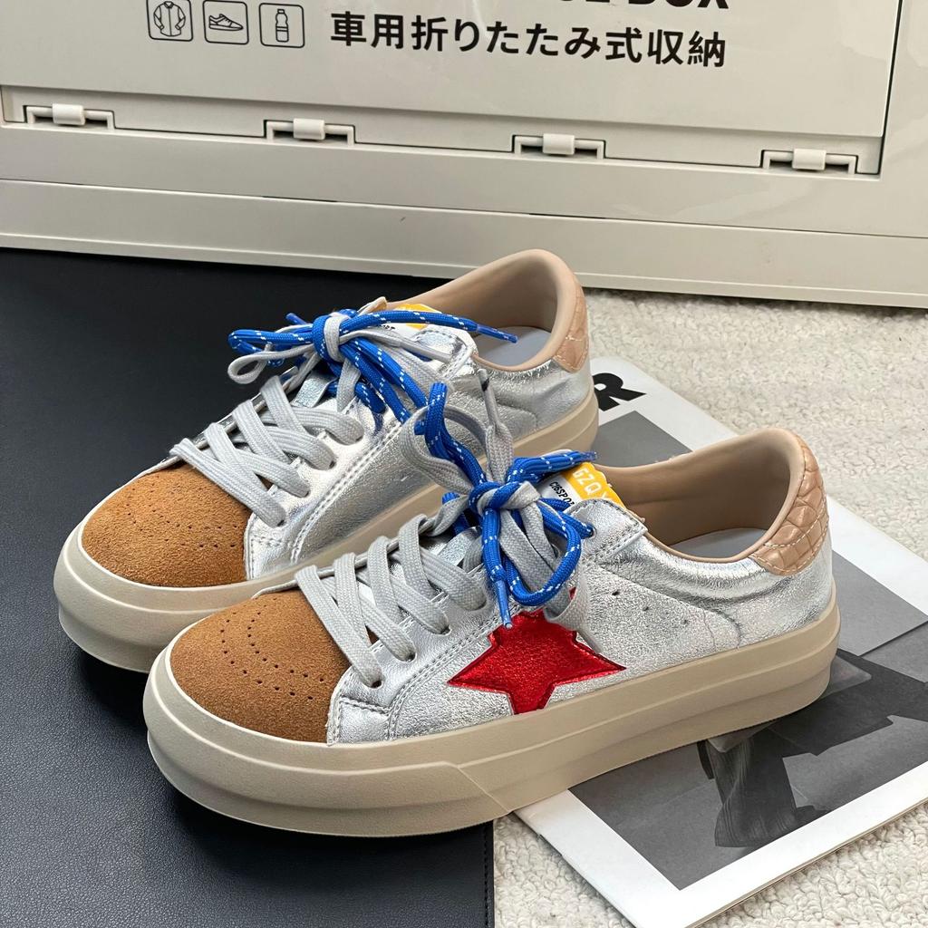 Spring new leather casual star board shoes pair of shoelaces color matching retro women's white shoes