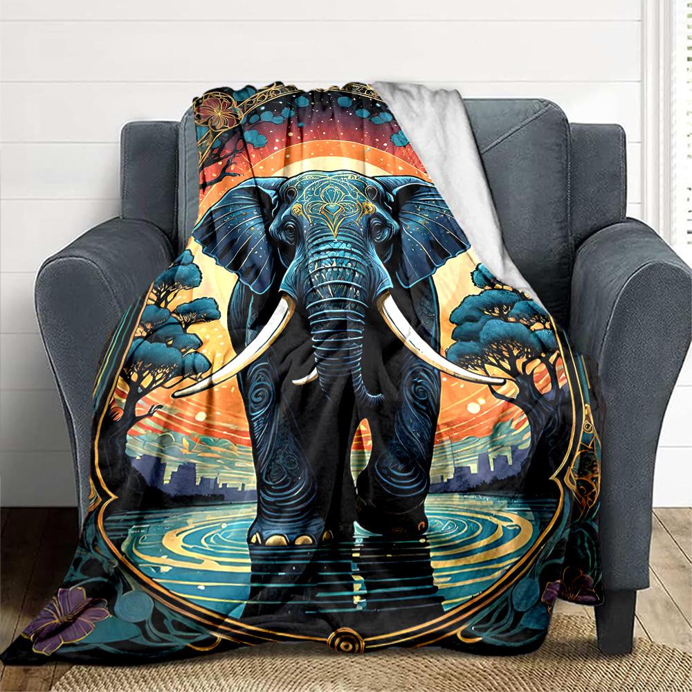 1pc Elephant Art Print Blanket Lightweight Blanket Throw Blanket For Sofa, Bed, Travel, Camping, Livingroom, Office, Couch, Chair Yy251010028