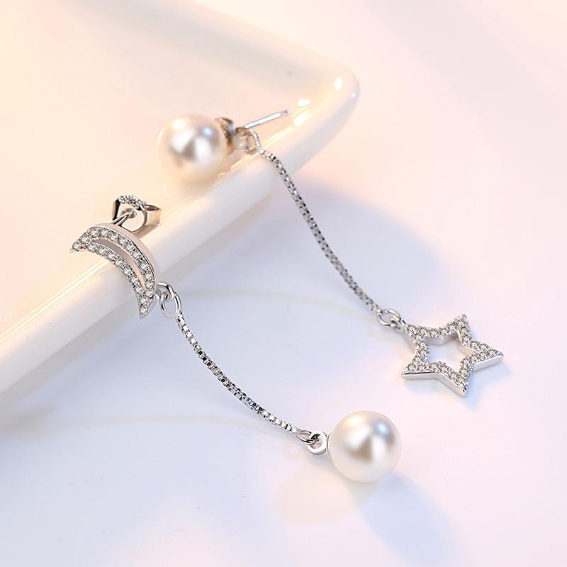 Star Bright Earrings Fashion Korean Version Jewelry Pearl Star Moon Earrings Slightly Inlaid Zircon Sweet Lady Earrings