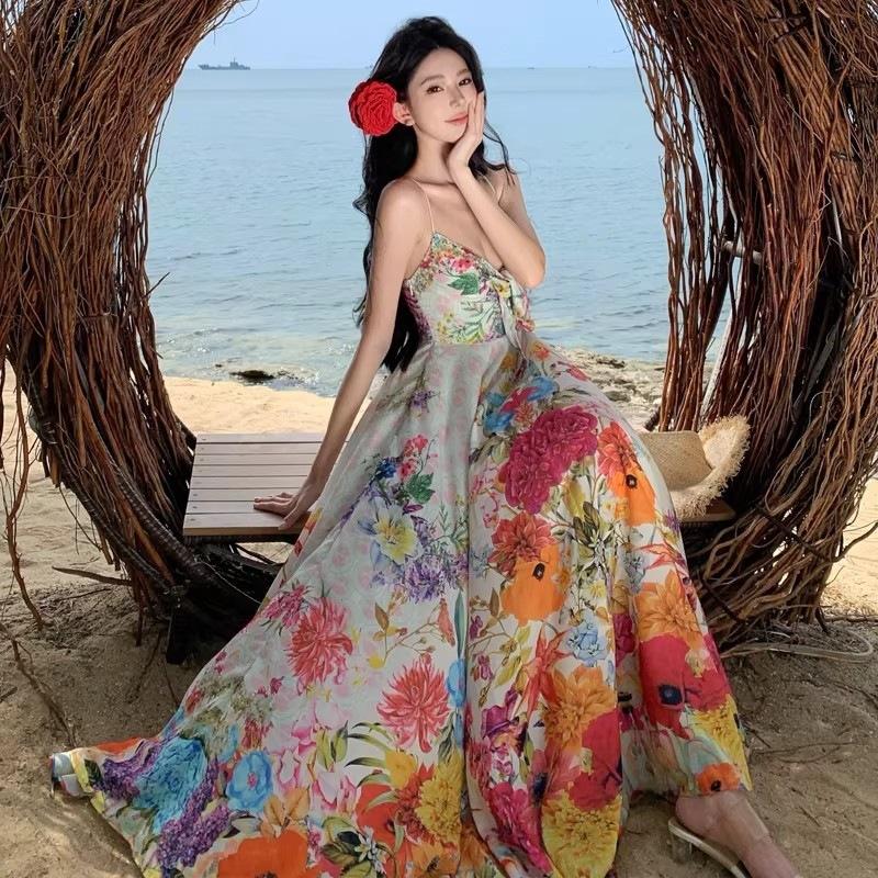 Coffee Break French Pure Desire Color Broken Flowers Suspender Straps High Waist Holiday Dress Bohemian Seaside Long Dress