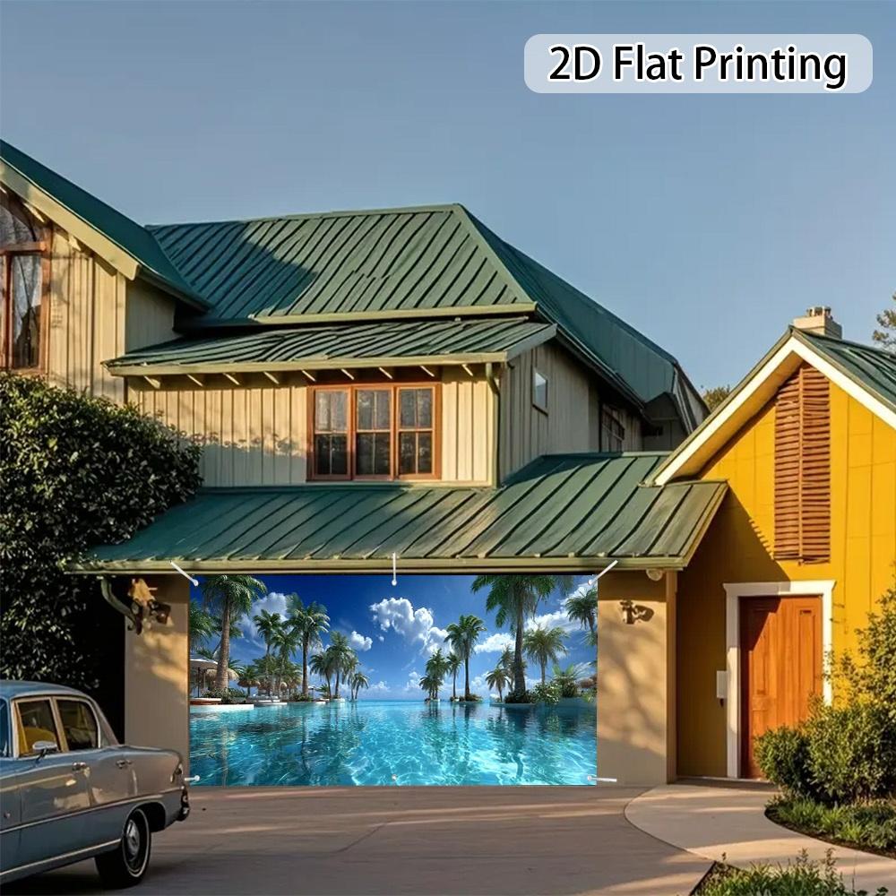 2D Planar Drawing 1 Tropical Palm Resort Pool Cover  for Garden Party Decoration Walls Garage Door Polyester Material