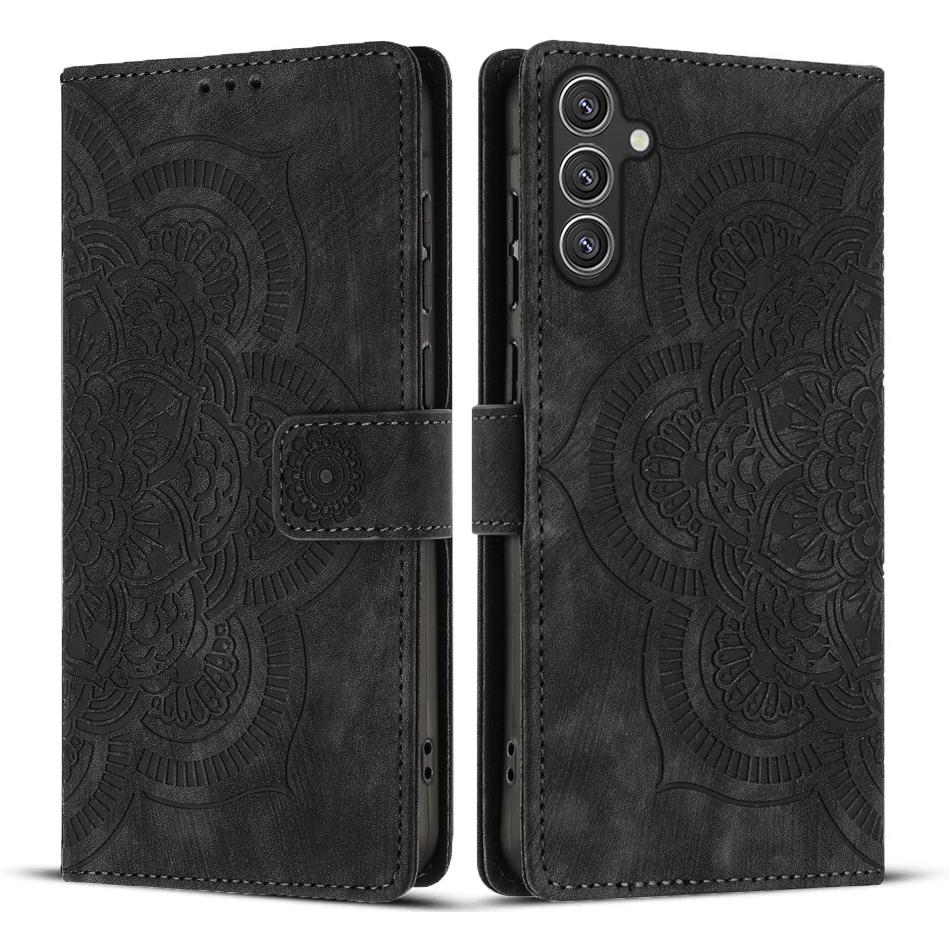 

Кожаный чехол для Samsung Galaxy S24+ WANLONFENG Серия HDM Чехол-кошелек с оттиском мандалы и подставкой Black