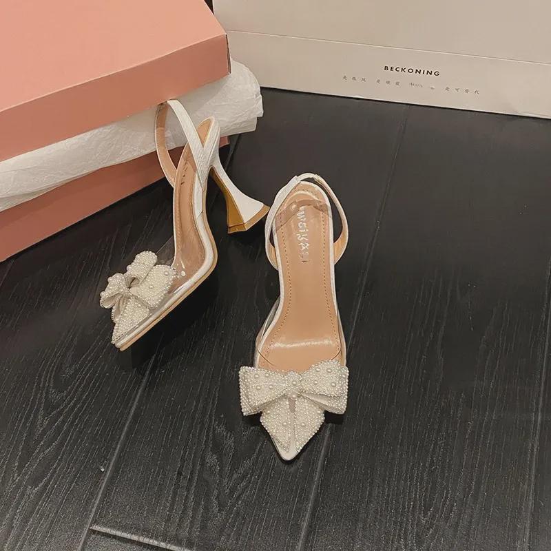 2024 Summer Women's Pearl Bow Transparent High Heel Sandals