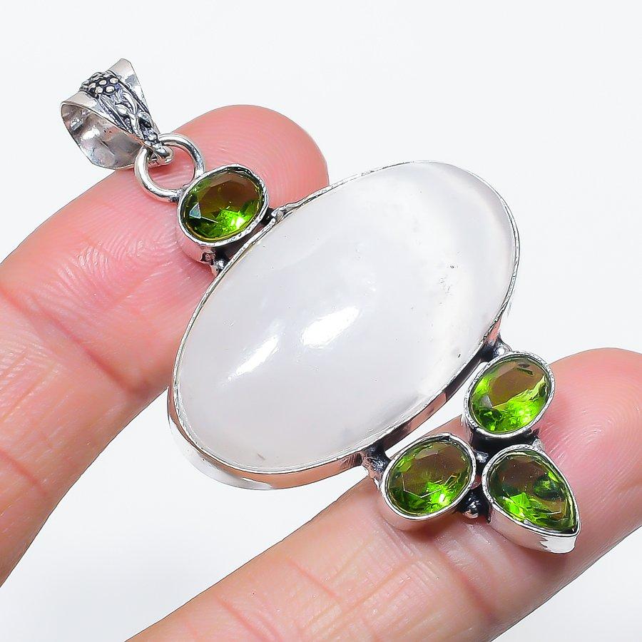 Natural Selenite, Peridot 925 Sterling Silver Jewelry Pendant 2.40" B4S69