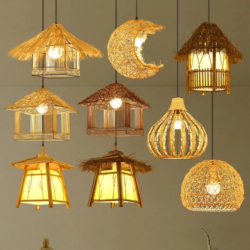 Chinese Rattan Art Chandelier Hand Woven Lamp Indoor Lighting Fixture for Living Room Led Dining Table Pendant Light Hoom Decor