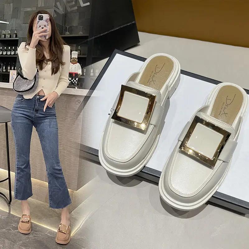 Beige Shoes For Women 2025 Summer Outside Mules Job Sandals Woman Slippers Slides Low Heel Easy Wears I Top Designs Luxury