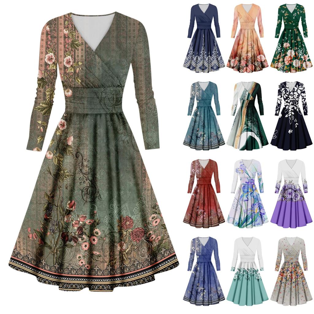 Dámské ležérní a módní tištěné šaty s dlouhým rukávem a sexy výstřihem do V