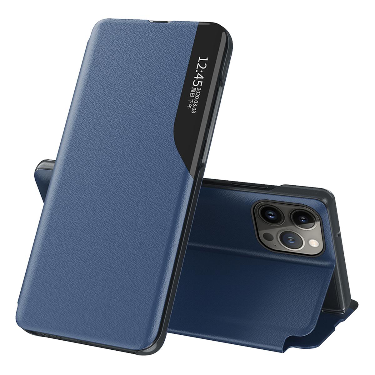 

Flip Stand PU Leather Phone Case for iPhone 15 Pro View Window Full Protection Phone Cover Blue