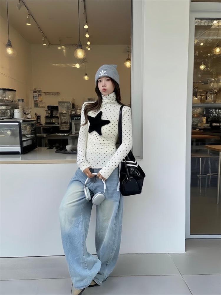 Women's American Retro Polka Dot High Neck Long Sleeve T-shirt - Korean Style Sweet Age-Reducing Collar Base Layer Top for Autumn/Winter