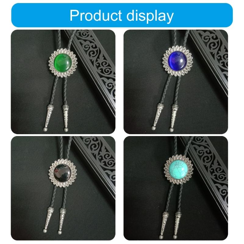 Engraving Flower Stone Bolo Tie Carved Necktie for Shirt Jeans Western Necklace Braided Shoestring Necktie Bolo Tie