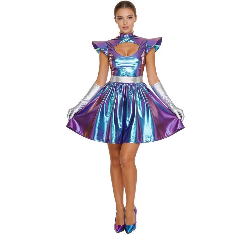 Scifi Space Themed Cosplay Gown With Metallic Finish For Halloween And Events
