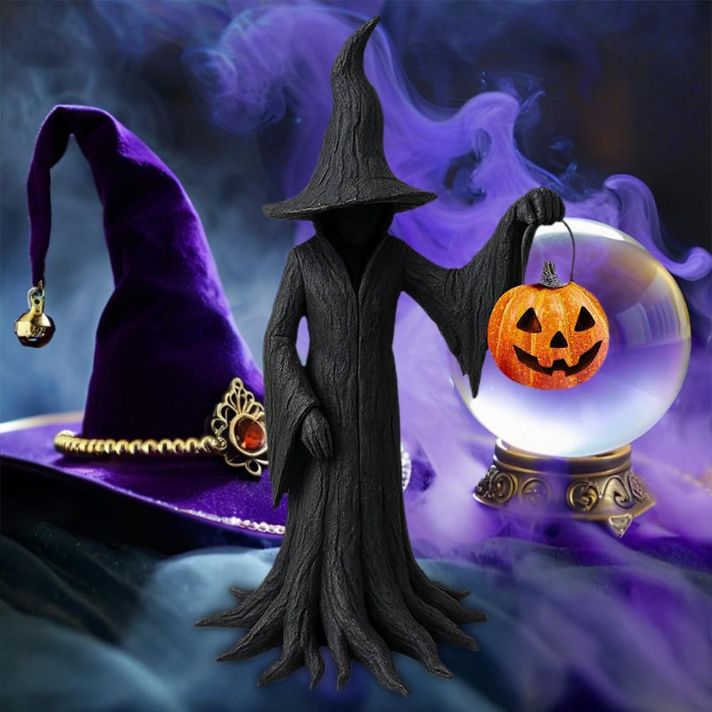Witch Statue for Halloween Enchanting Witch Figurine with Pumpkin Resin Tabletop Ornament for Haunted House Decor