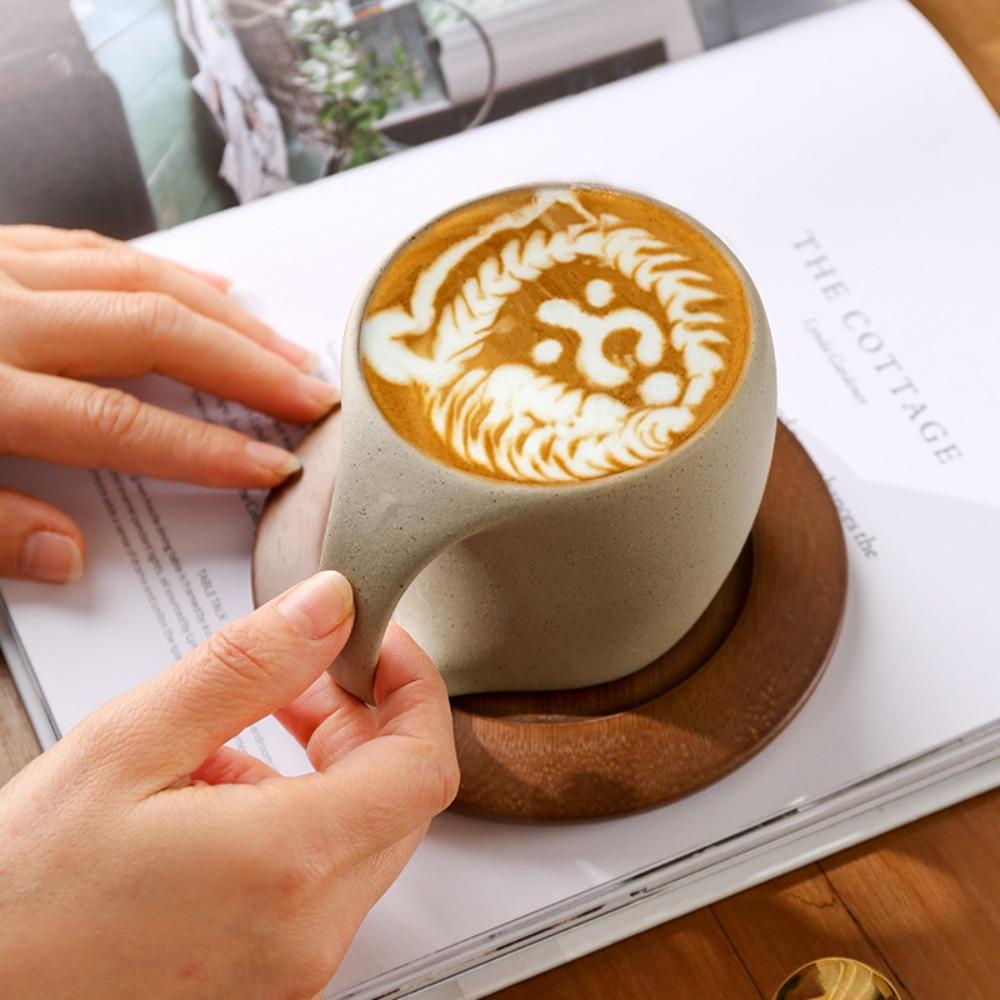 with Wood Saucer Big Belly Latte Cup Rounded Handle Ceramic Tea Cup Minimalist Drink Mug Office