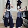 Korean Style Girls' Cartoon T-shirt & Cargo Plaid Bloomers Set - Trendy Summer Outfit