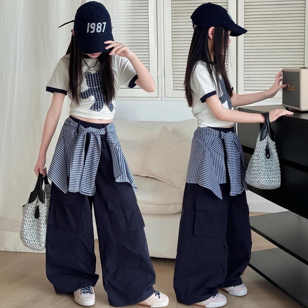 Korean Style Girls' Cartoon T-shirt & Cargo Plaid Bloomers Set - Trendy Summer Outfit