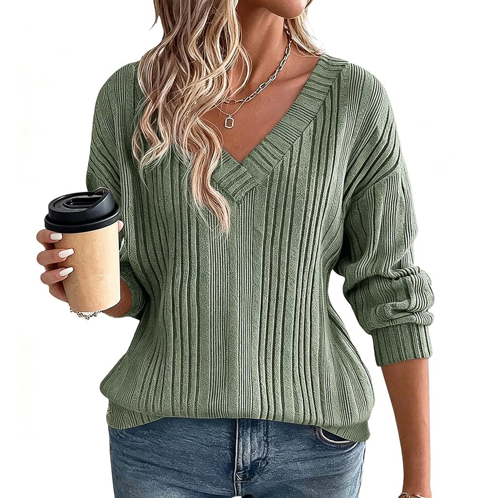 Women's Casual V Neck Long Sleeve Knit Pullover Top