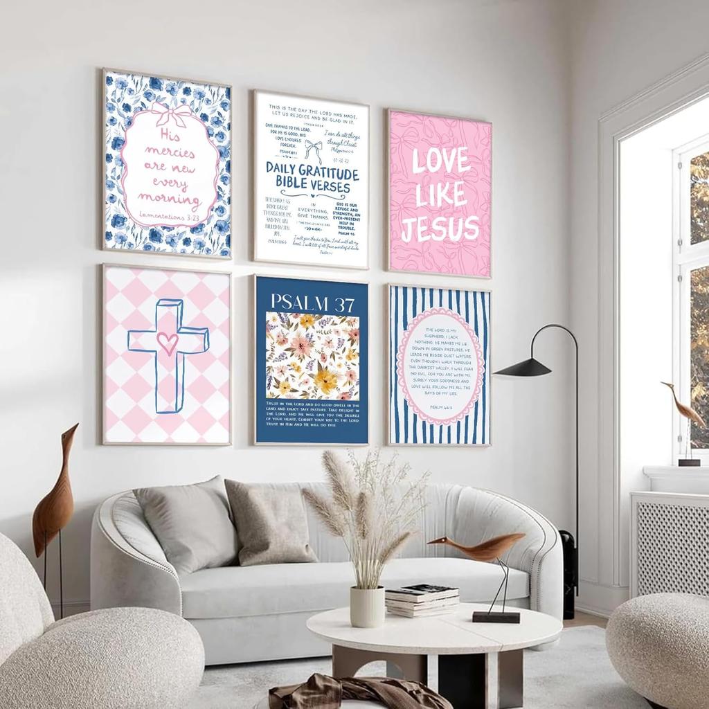 6Pcs Pink Blue Christian Wall Art Bow Bible Verse Floral Canvas Wall Decor Religious Pictures Jesus Scripture Poster Prints Trendy Preppy Painting