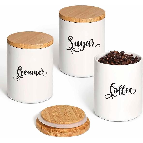 6 PCS Sugar Flour Milk Creamer Tea Coffee Pantry Labels Kitchen Stickers Printed Waterproof Strong Adhesive Kitchen Labels for containers Gloss Black