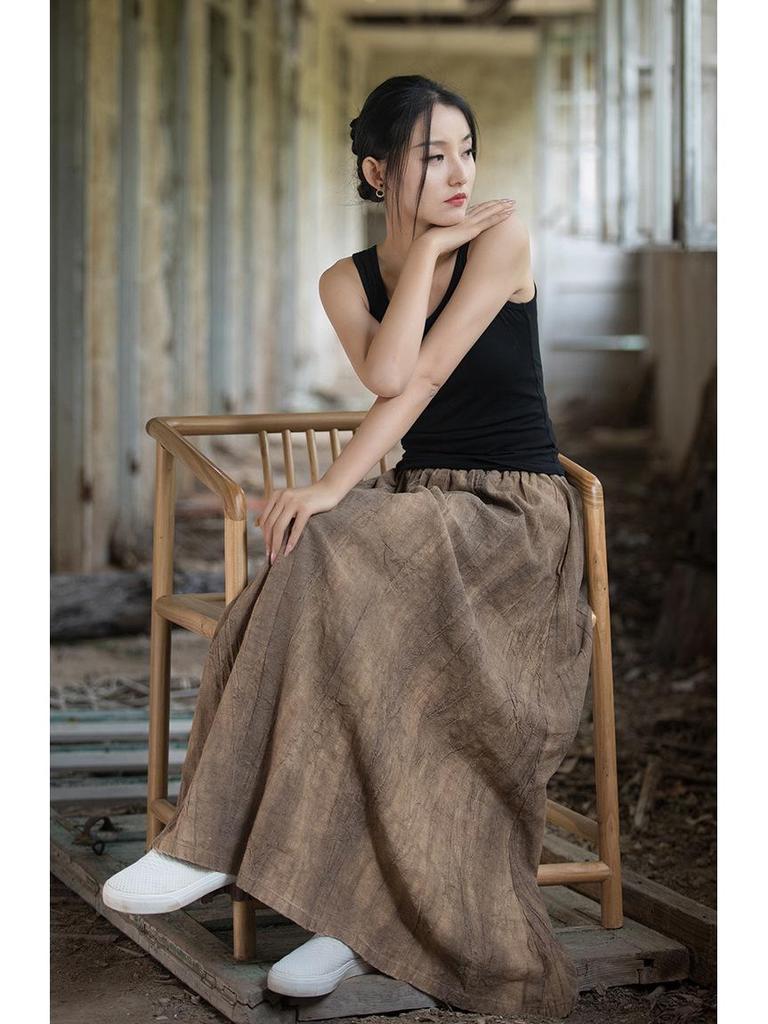 Women's Elastic Waist Tie-Dye Ramie Skirt - Autumn/Winter Collection