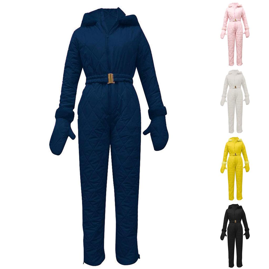 Women's Fashion One-piece Ski Suit, Sports Ski Set, Zipper Hooded Ski Suit