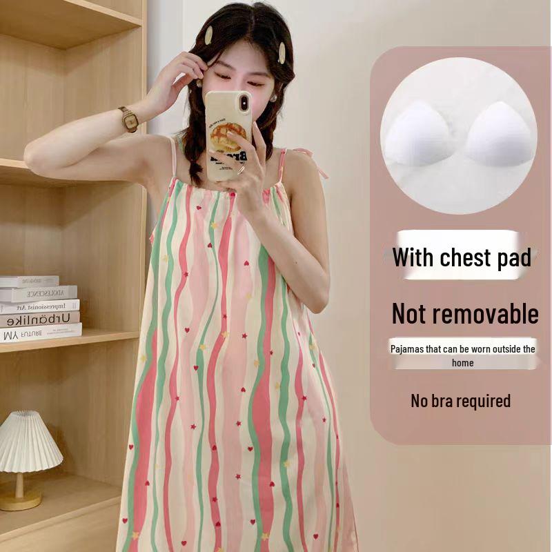 

2025 New Summer Cartoon Sling Pajama Dress with Chest Pads for Women and Girls – Sweet, Cute Sleepwear Size 1 (70-105 jin)