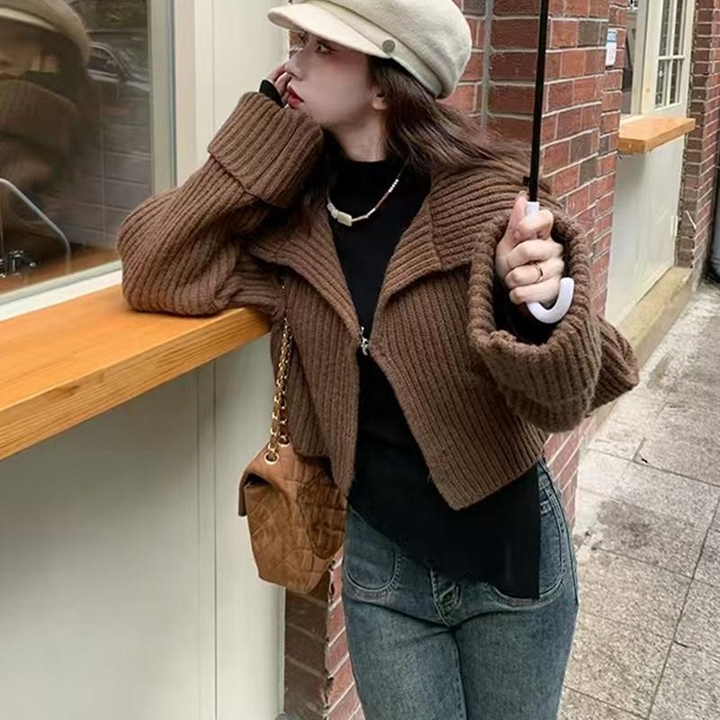 Elegant Knitted Cardigan Women Short Sweater Jacket Spring and Autumn Long Sleeve Casual Korean Fashion Lapel Coats Solid Simple Office Clothes