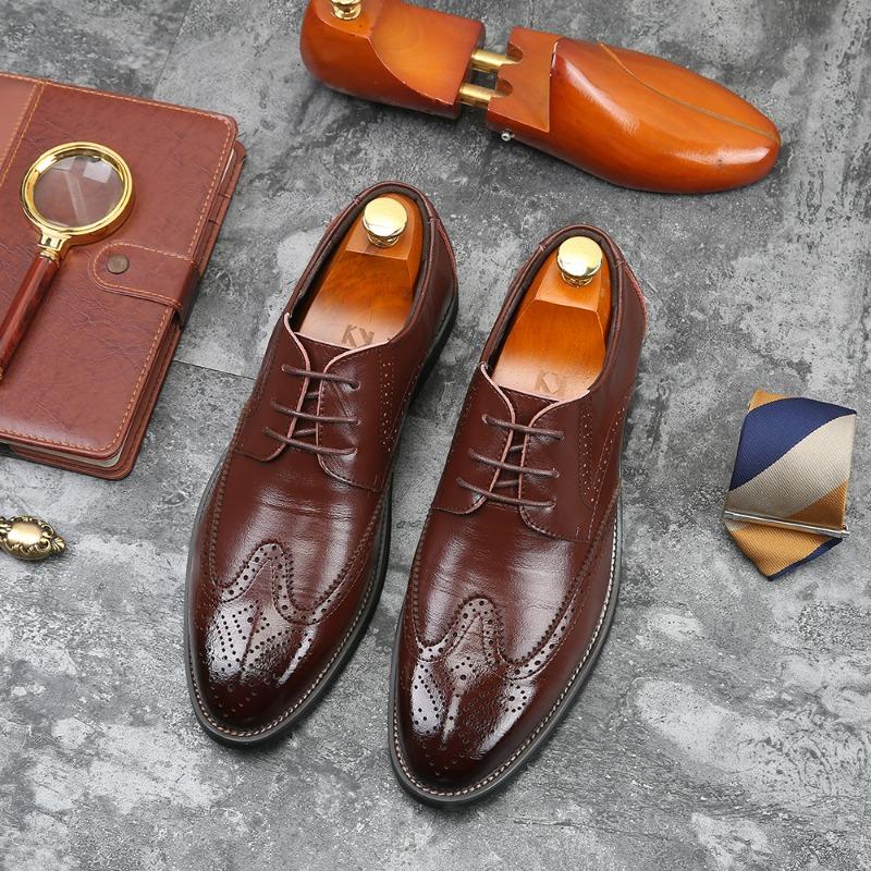 Handmade Men Oxford Shoes Business Leather Shoes Pointed Toe Brogue Dress Shoes Office Comfortable Casual Shoe Lace-Up Men Shoe