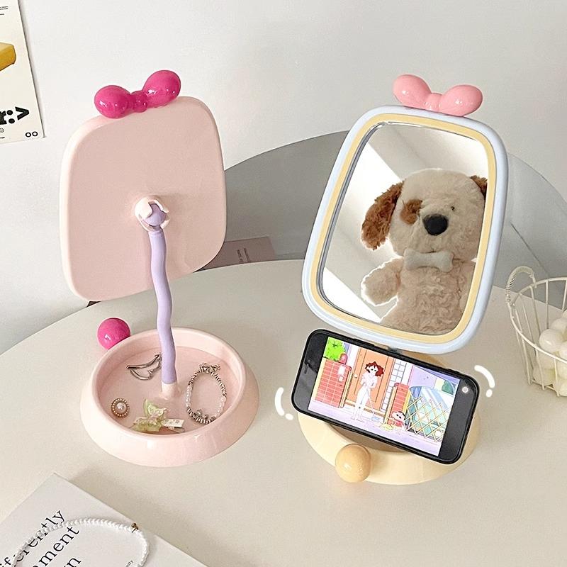 Cute Multifunctional Makeup Mirror with Jewelry Storage Tray Student Dormitory Standing Mirrors Phone Holder Korean Style 2025