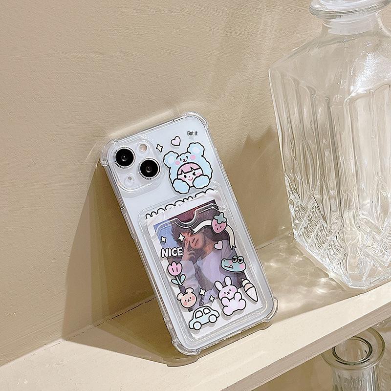 Zhitai Cartoon Blue Bear iPhone 15 Card Holder Case