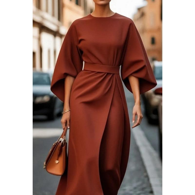 VEZFAA Women's Fashion Spring Fall Solid Color Print 3/4 Sleeves O-Neck High Waist Casual Dresses