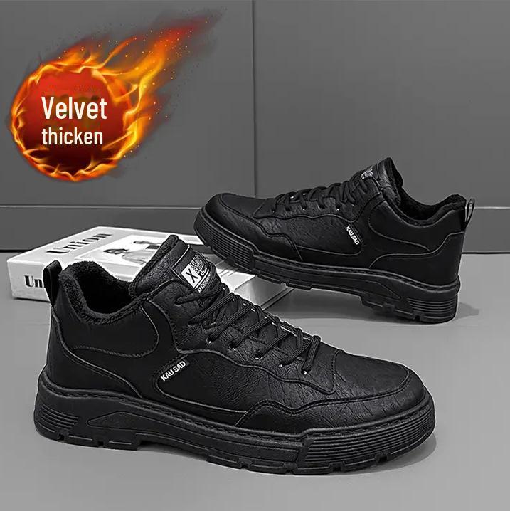 Men's Winter Velvet-Lined Leather Workwear Shoes - Retro Soft Bottom Low-Top Casual Martin Style