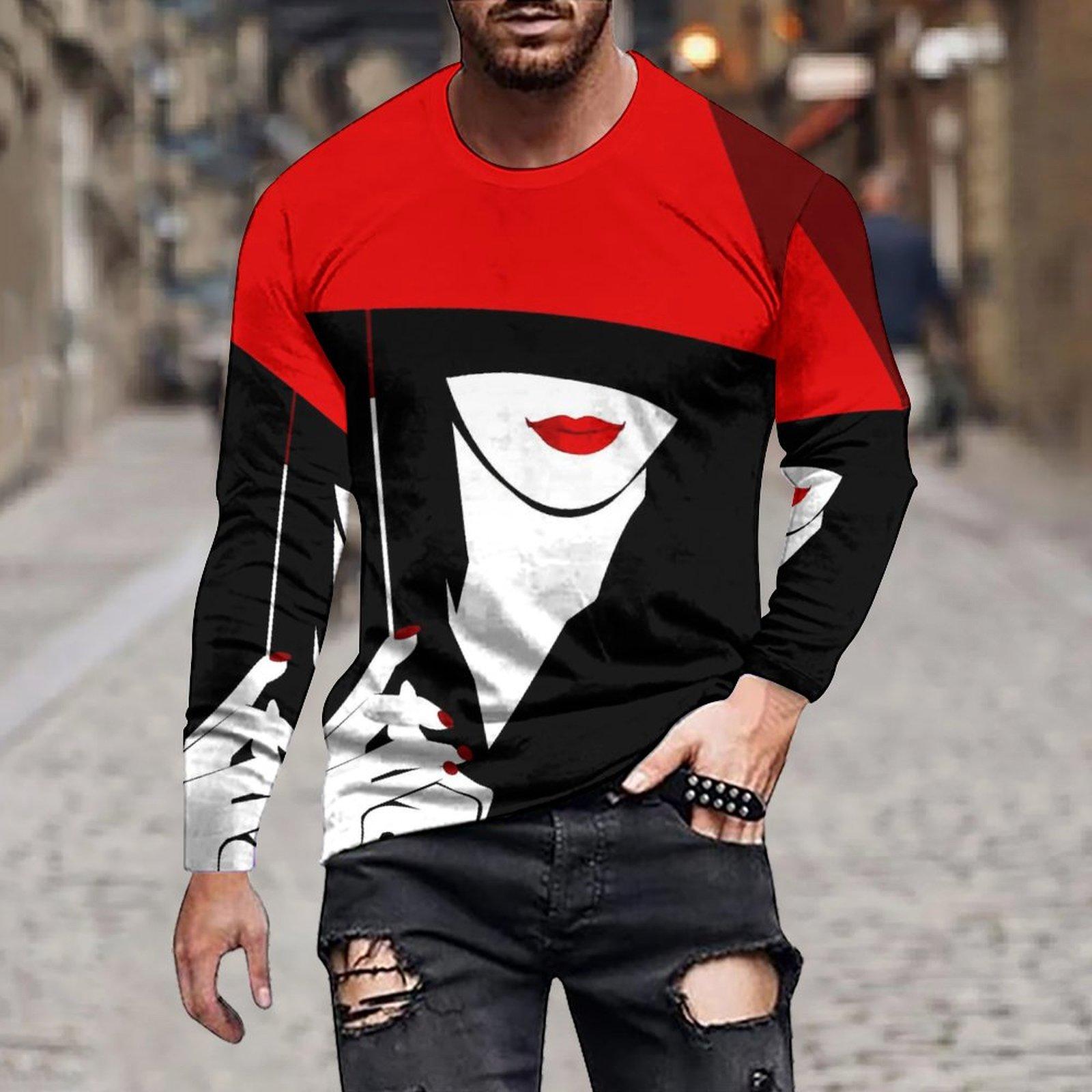 

Весенне-осенняя мужская модная повседневная свободная однотонная простая абстрактная портретная футболка с длинным рукавом XL