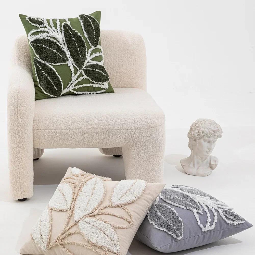 Green Leaf Square Pillowcase Soft Tufting Pillow Cover Sofa Decor Cushion Cover Living Room Nordic Decoration Rectangle Cover